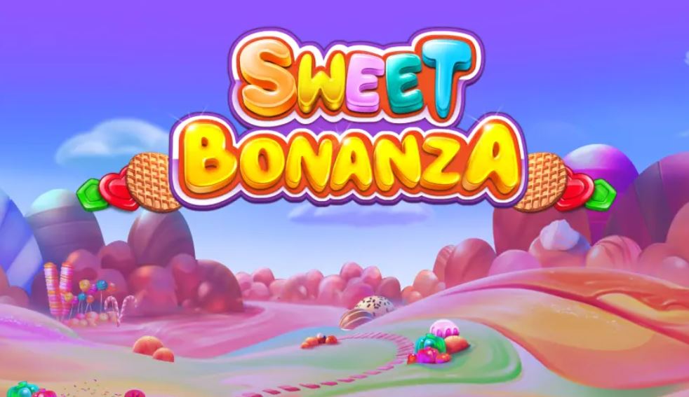 Основное изображение слота Sweet Bonanza, на котором изображено название слота и сладости