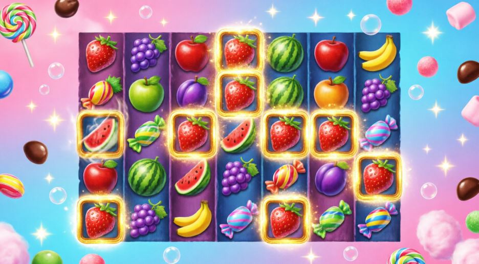 Игровое поле Sweet Bonanza 6×5 с выигрышной комбинацией из клубники по системе Cluster Pays