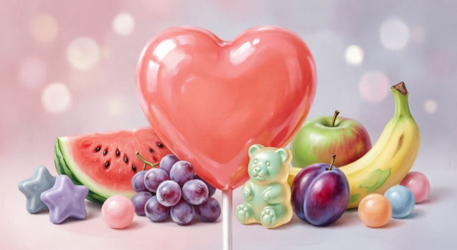 в центре фрукты и конфеты, которые яляются символами в слоте Sweet Bonanza