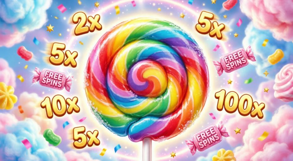 Scatter-символ Sweet Bonanza в виде разноцветного леденца с множителями и бесплатными вращениями