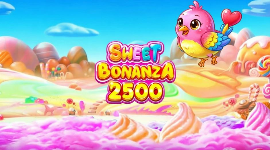 Красочный фон со сладостями и в центре название слота Sweet Bonanza 2500